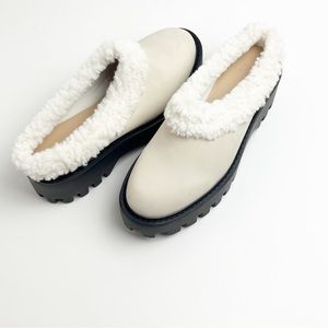 JF Edie Cream Flatform Faux Fur Trim Lug Sole Slip On Mules, Size 8.5